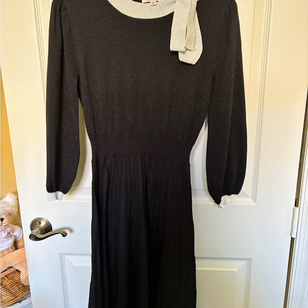 Black Long Sleeve Knit Dress with Silver Trim Accent